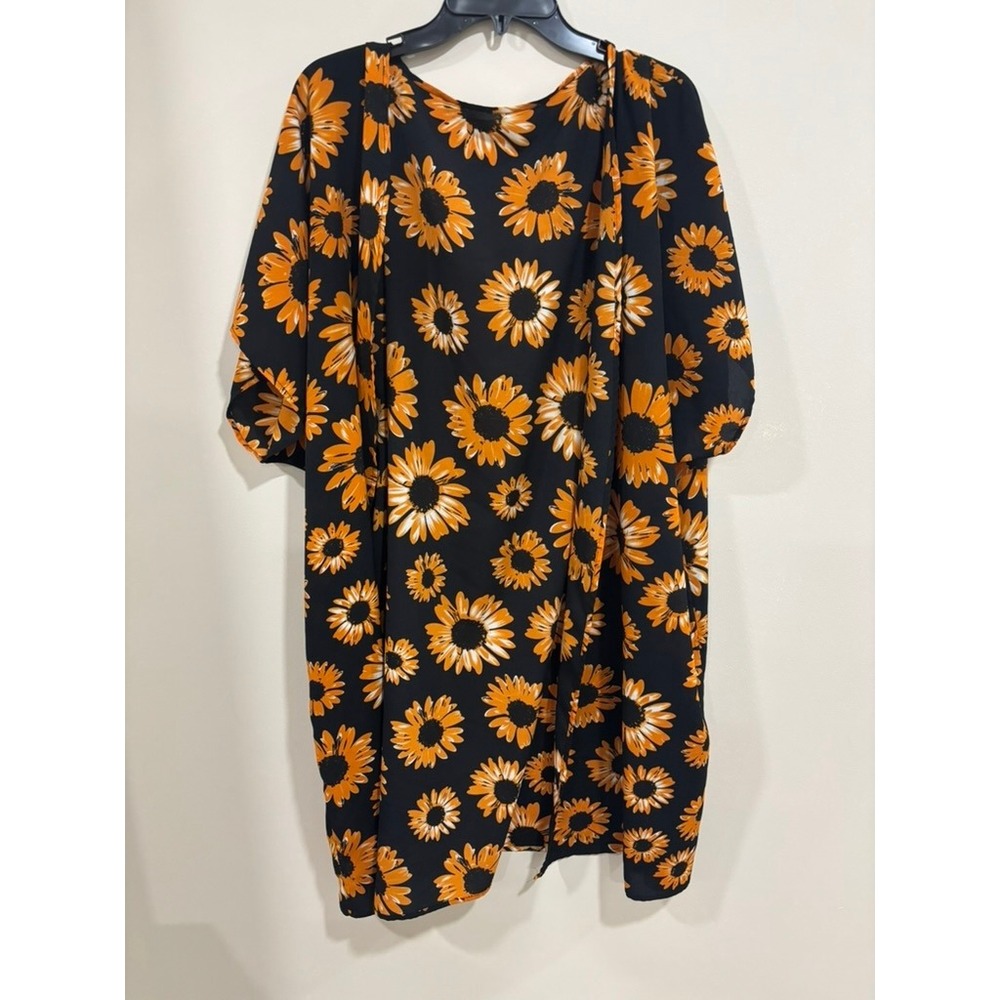 2XL Black Orange Sunflower Shift Dress Puff Sleeve Fall Boho Floral Cute